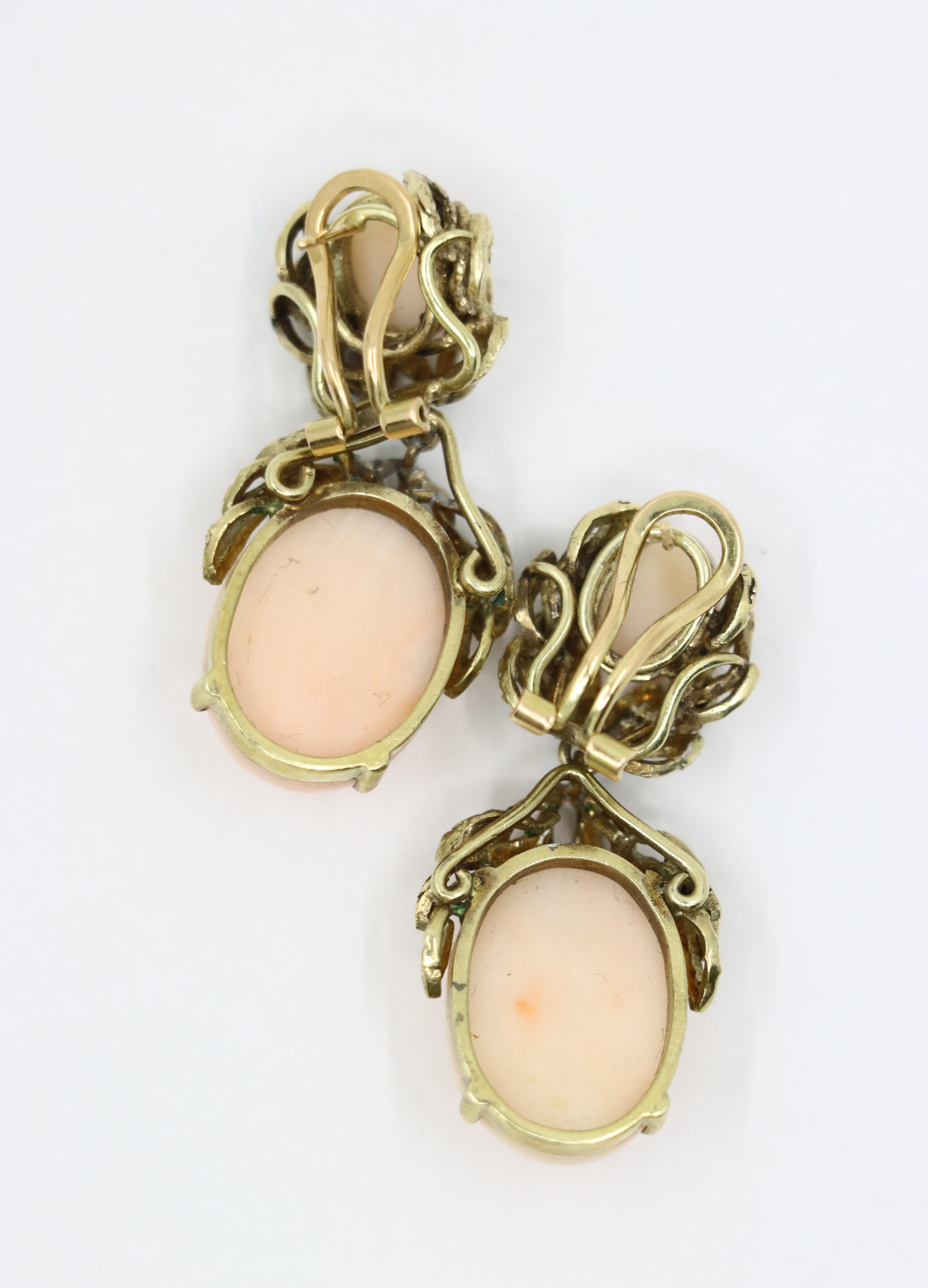 Ohrringe, 14 Karat Gold Koralle Cabochon im Angebot 3
