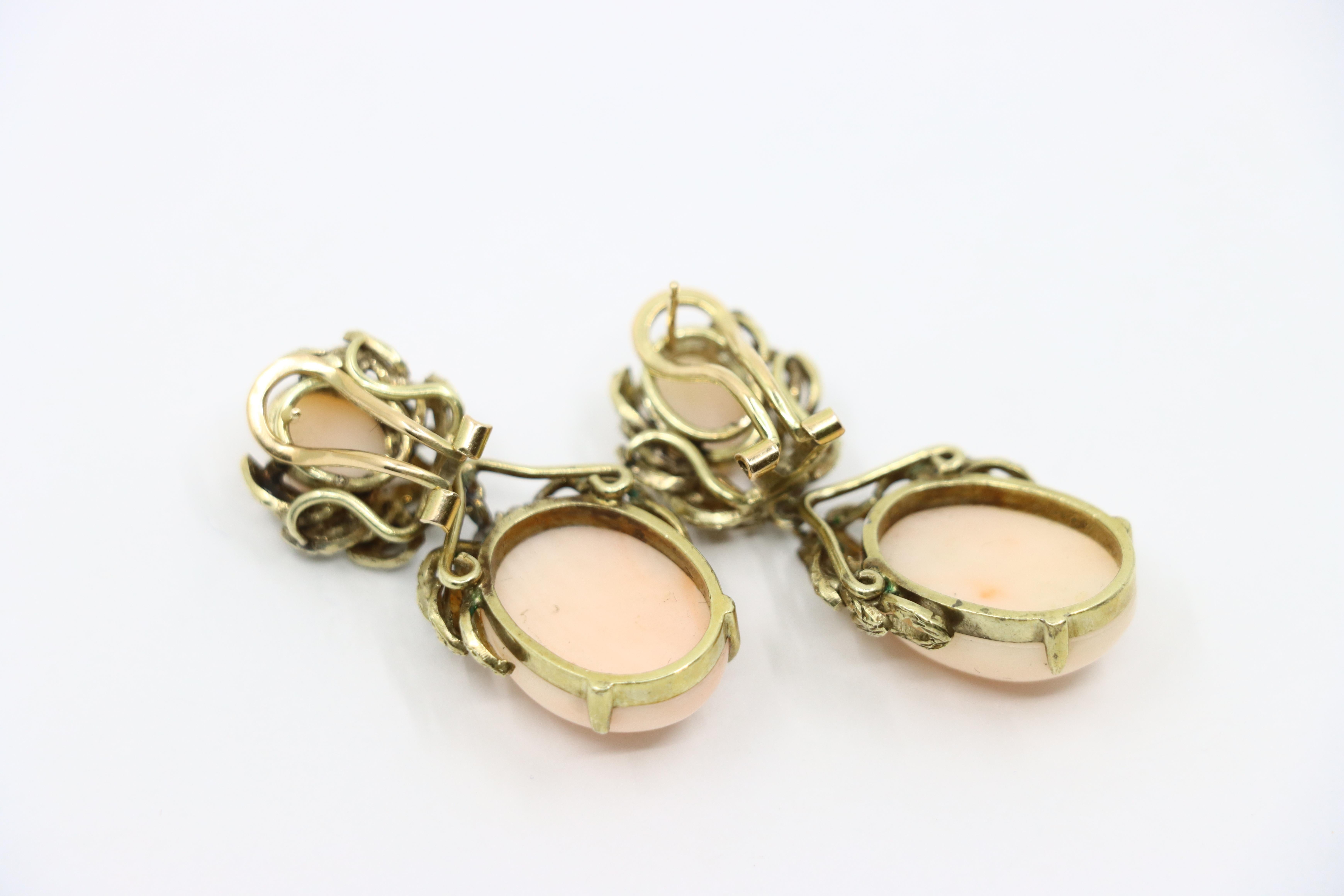 Ohrringe, 14 Karat Gold Koralle Cabochon im Angebot 5