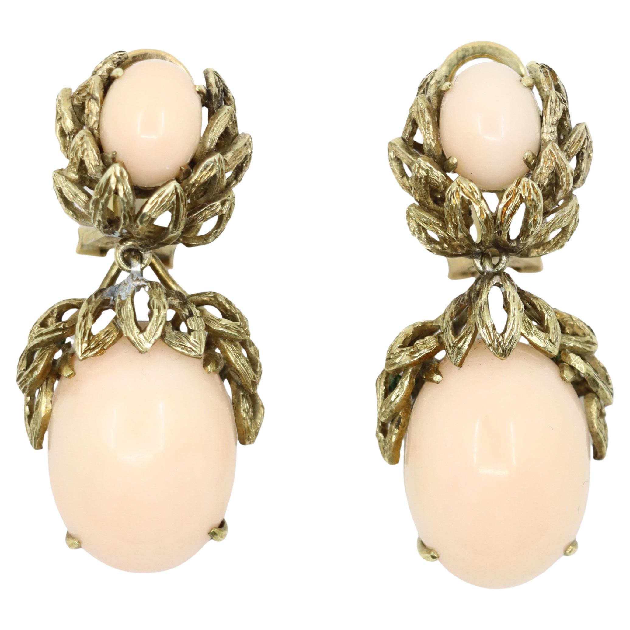 Vintage 14K Gold Coral Cabochon Earrings