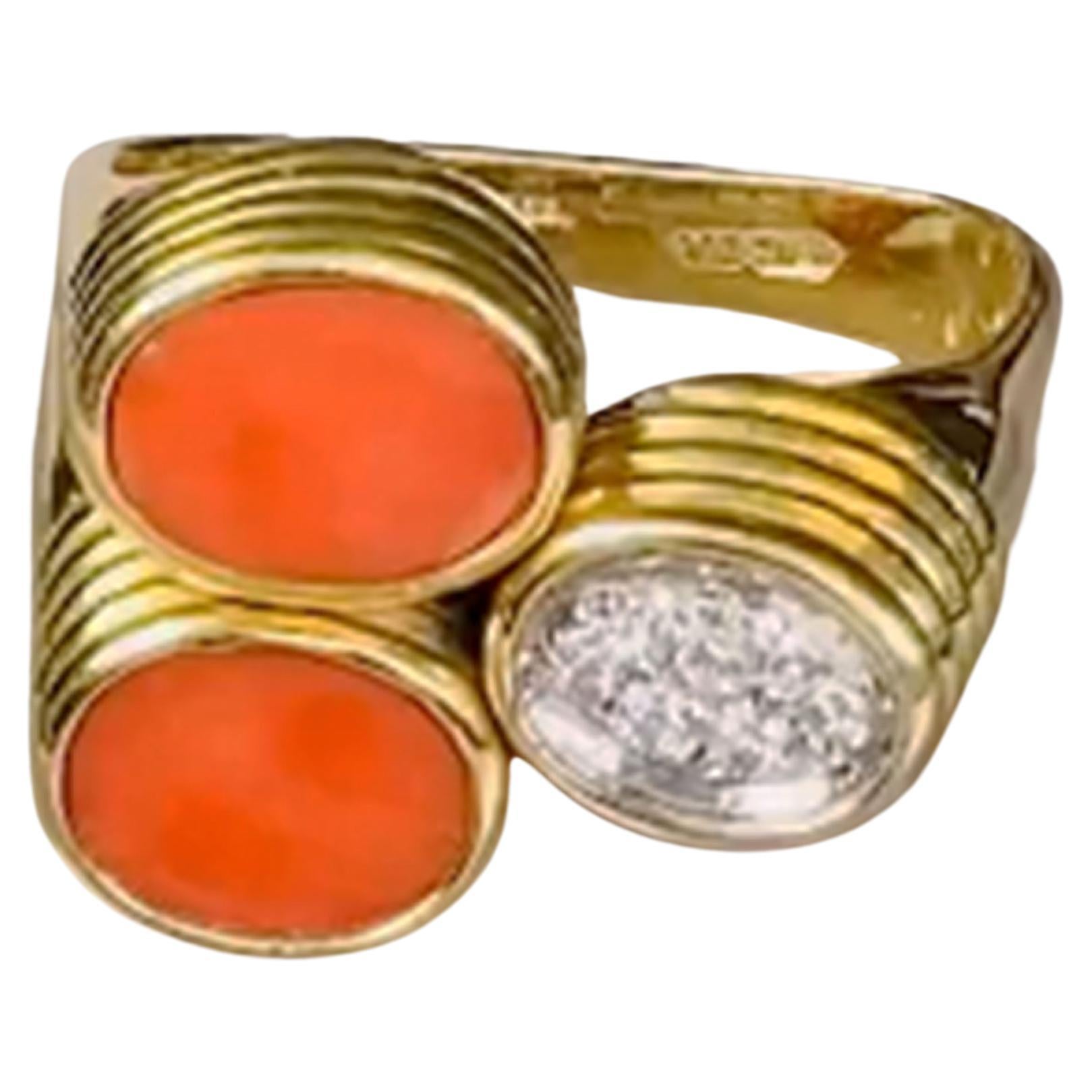 Vintage 14k Gold Coral & Diamond Cluster Ring with White Diamonds, One-of-a-kind For Sale