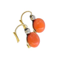 Vintage 14k Gold Coral Earrings Diamond Accent