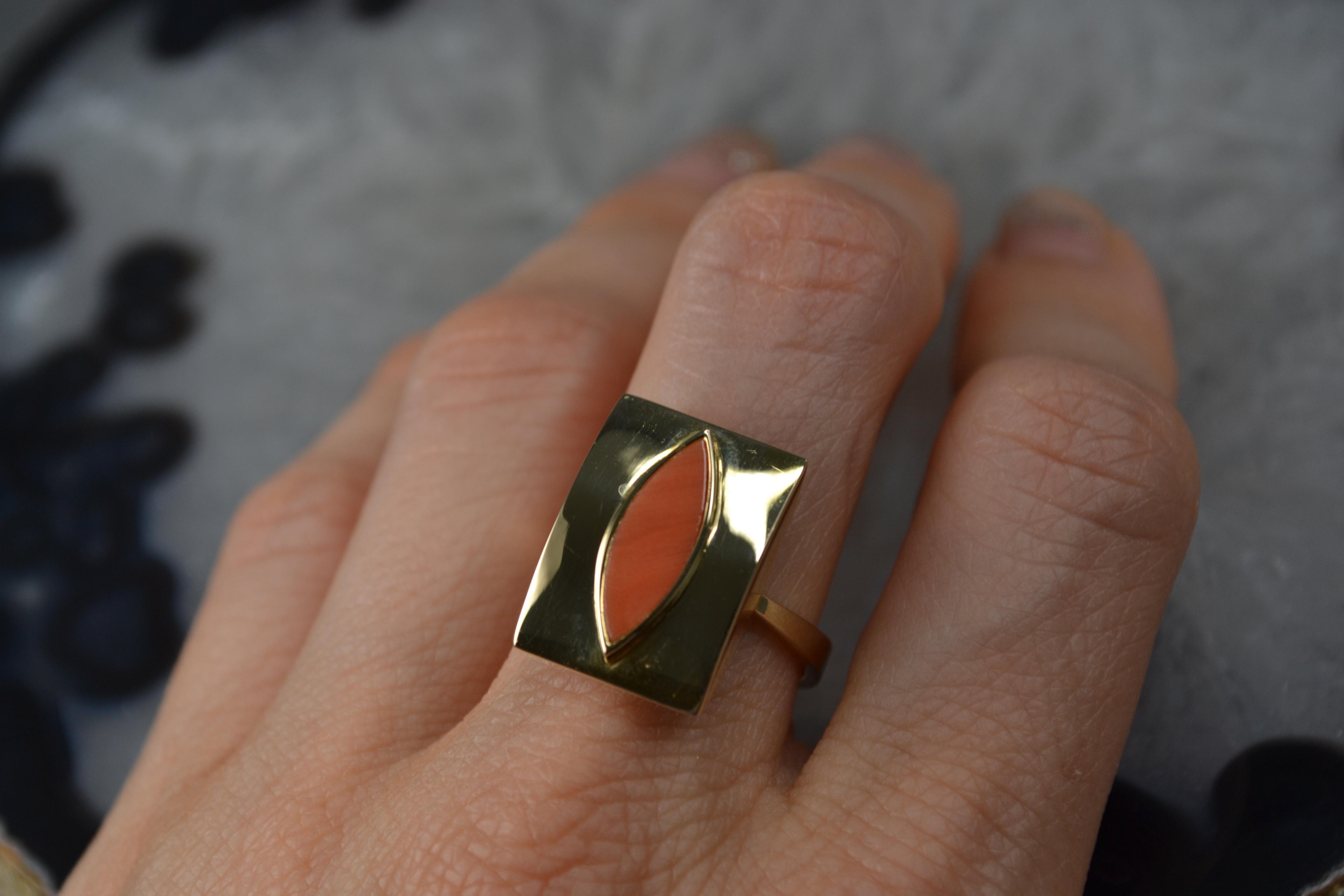 Marquise Cut Vintage 14k Gold Coral Leaf Ring One-of-a-Kind For Sale