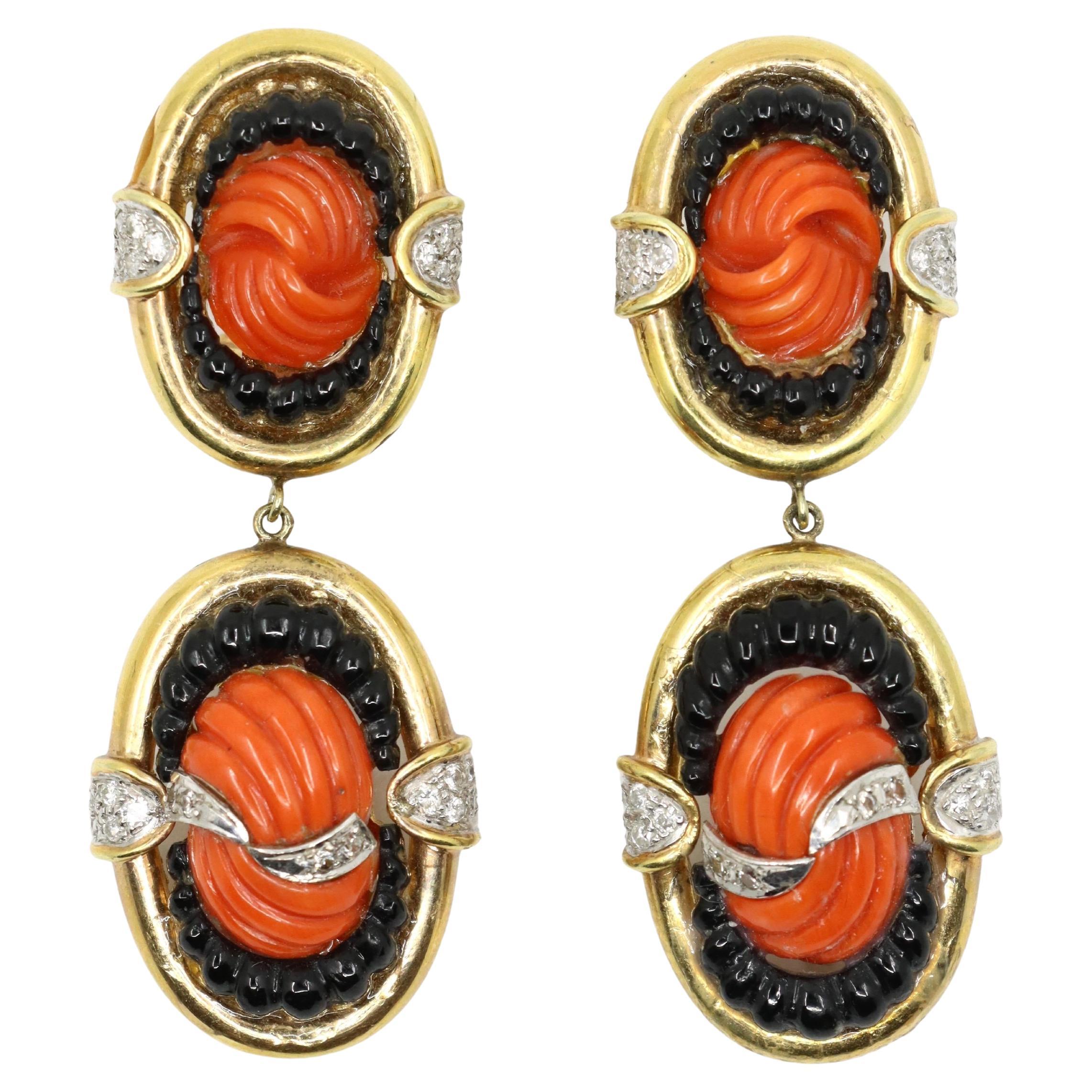 Vintage 14K Gold Coral Onyx Diamond Earring