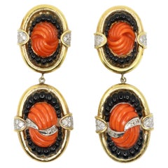 Ohrring aus 14 Karat Gold Koralle Onyx Diamant