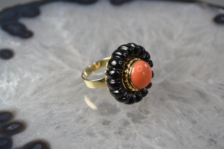 Revival Vintage 14k Gold Coral & Onyx Flower Ring One-of-a-Kind For Sale
