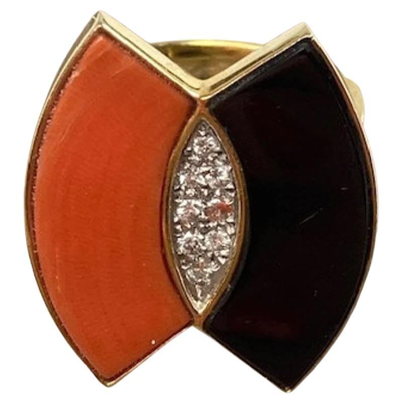 Vintage 14k Gold Coral & Onyx Ring with Diamond Accent, One-of-a-kind