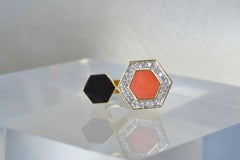 Vintage 14k Gold Coral & Onyx Ring with Diamond One-of-a-kind