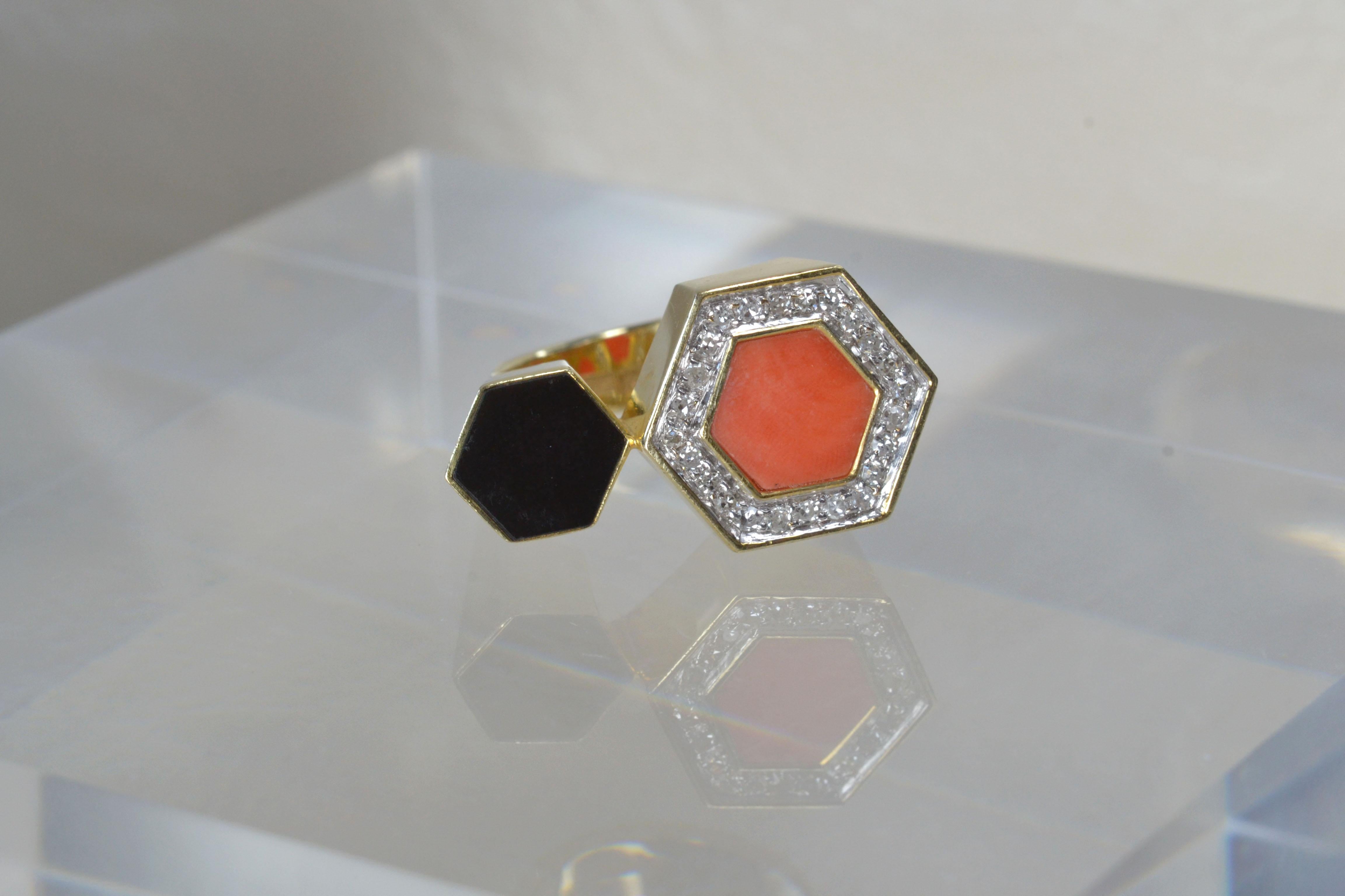 Hexagon Cut Vintage 14k Gold Coral & Onyx Ring with Diamond One-of-a-kind For Sale