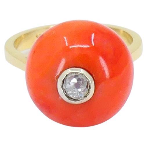 Vintage 14k Gold Coral Ring Diamond Accent