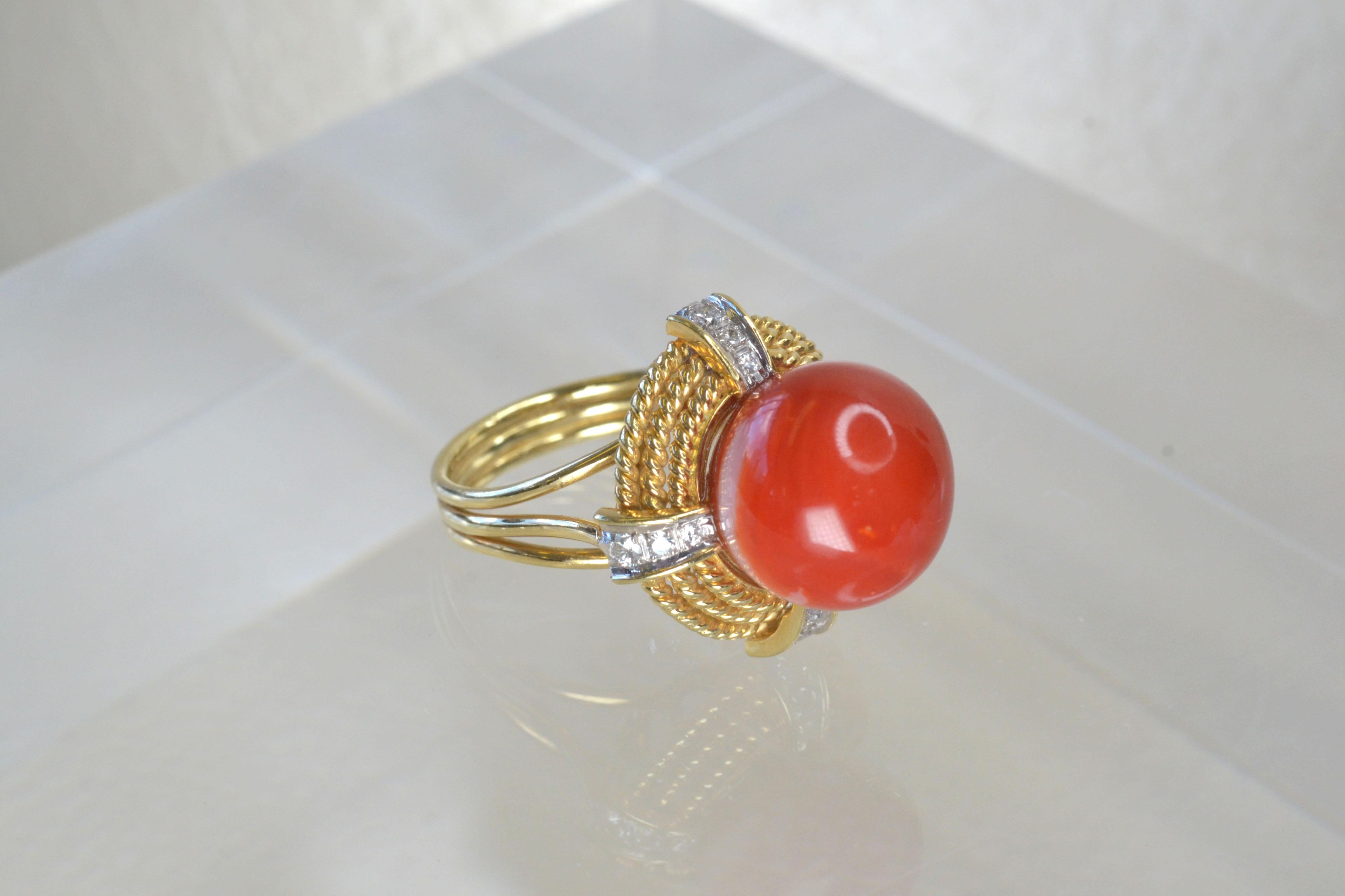 Vintage 14k Gold Coral Sphere Ring with White Diamonds, One-of-a-kind

This one-of-a-kind coral ring is the perfect statement piece to complement any look. Its vibrant colour and classic vintage look make such a stunning piece and the white diamonds