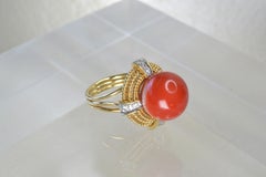 Vintage 14k Gold Coral Sphere Ring with White Diamonds, One-of-a-kind