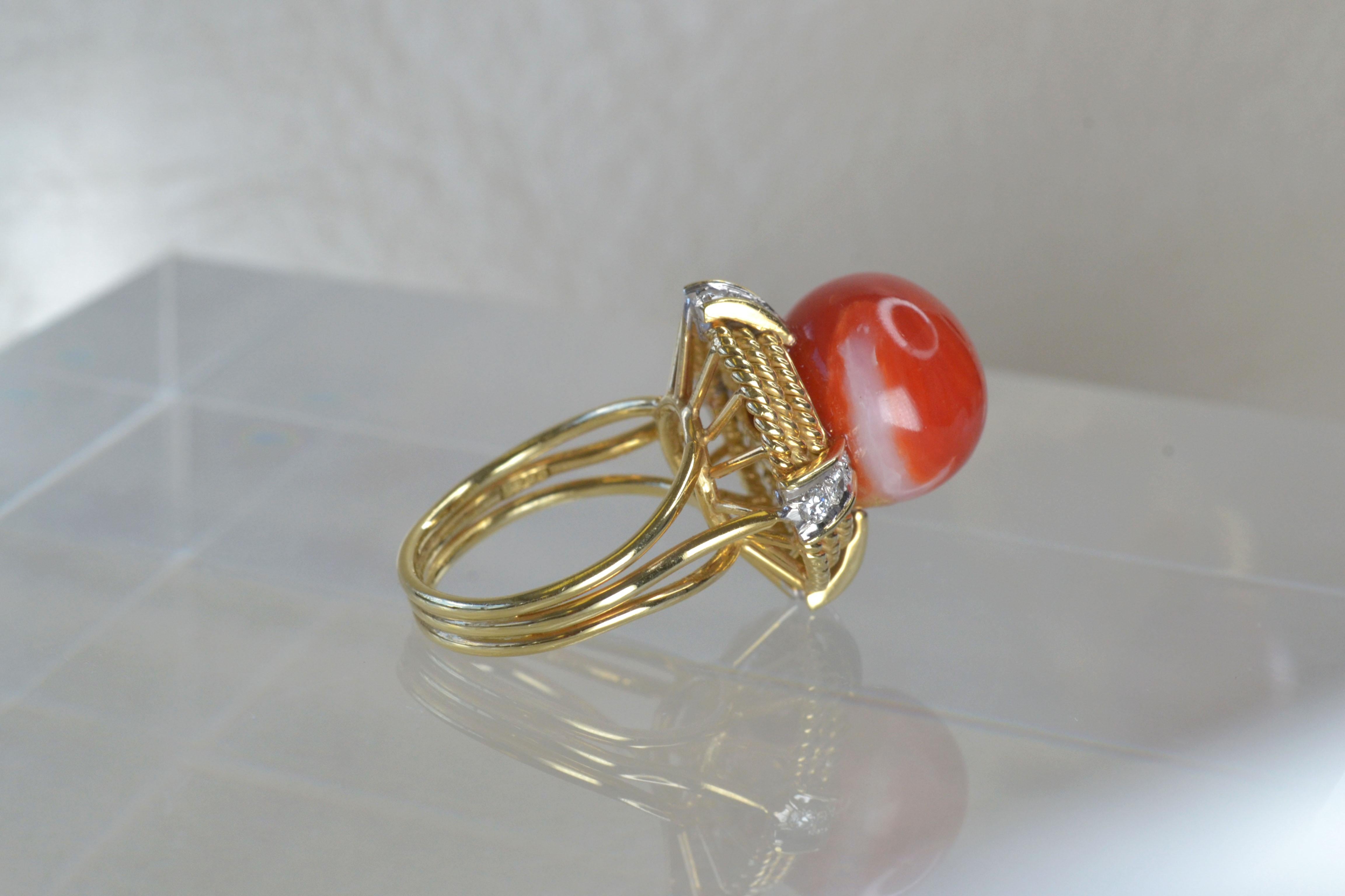 Retro Vintage 14k Gold Coral Sphere Ring with White Diamonds, One-of-a-kind For Sale