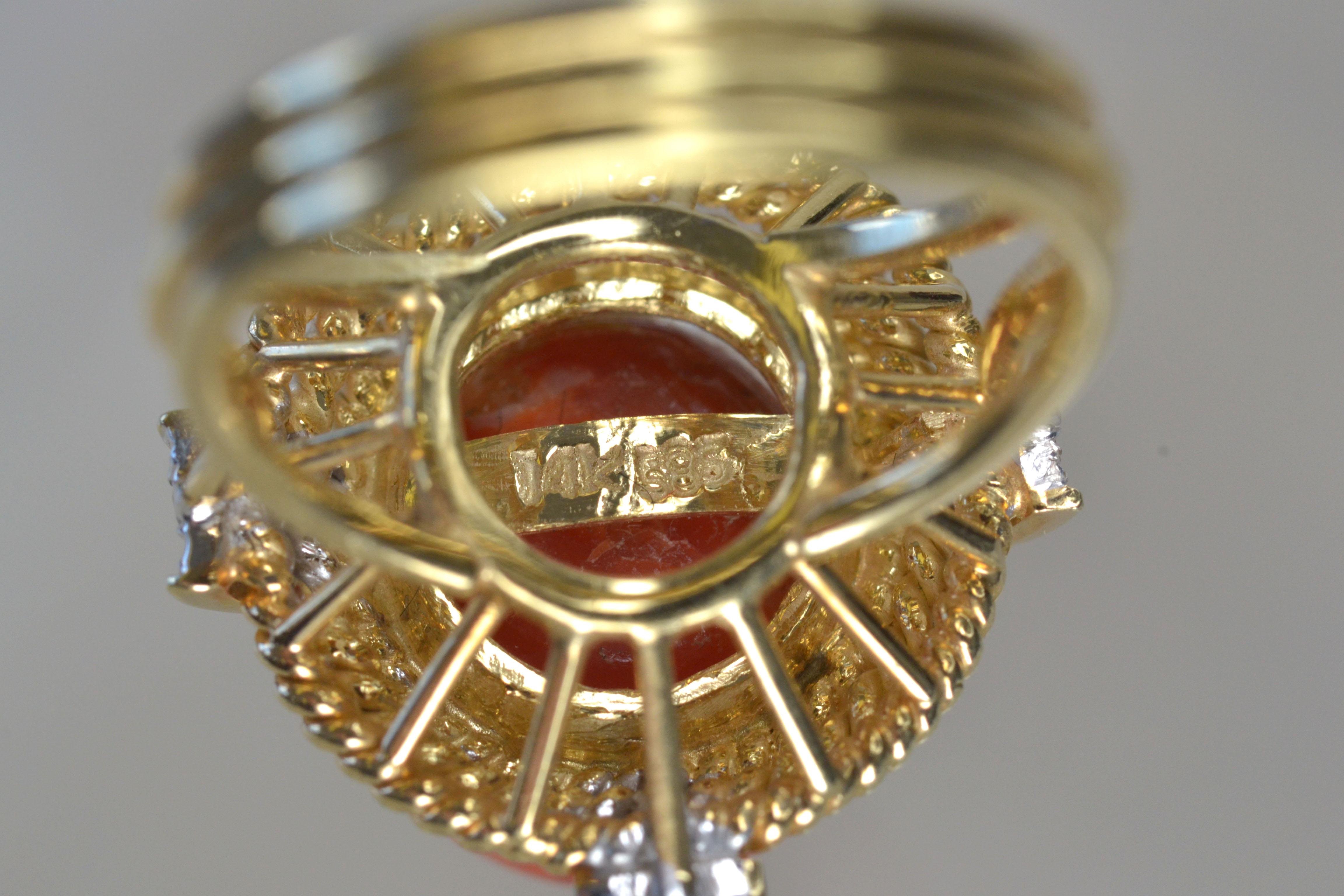 Round Cut Vintage 14k Gold Coral Sphere Ring with White Diamonds, One-of-a-kind For Sale