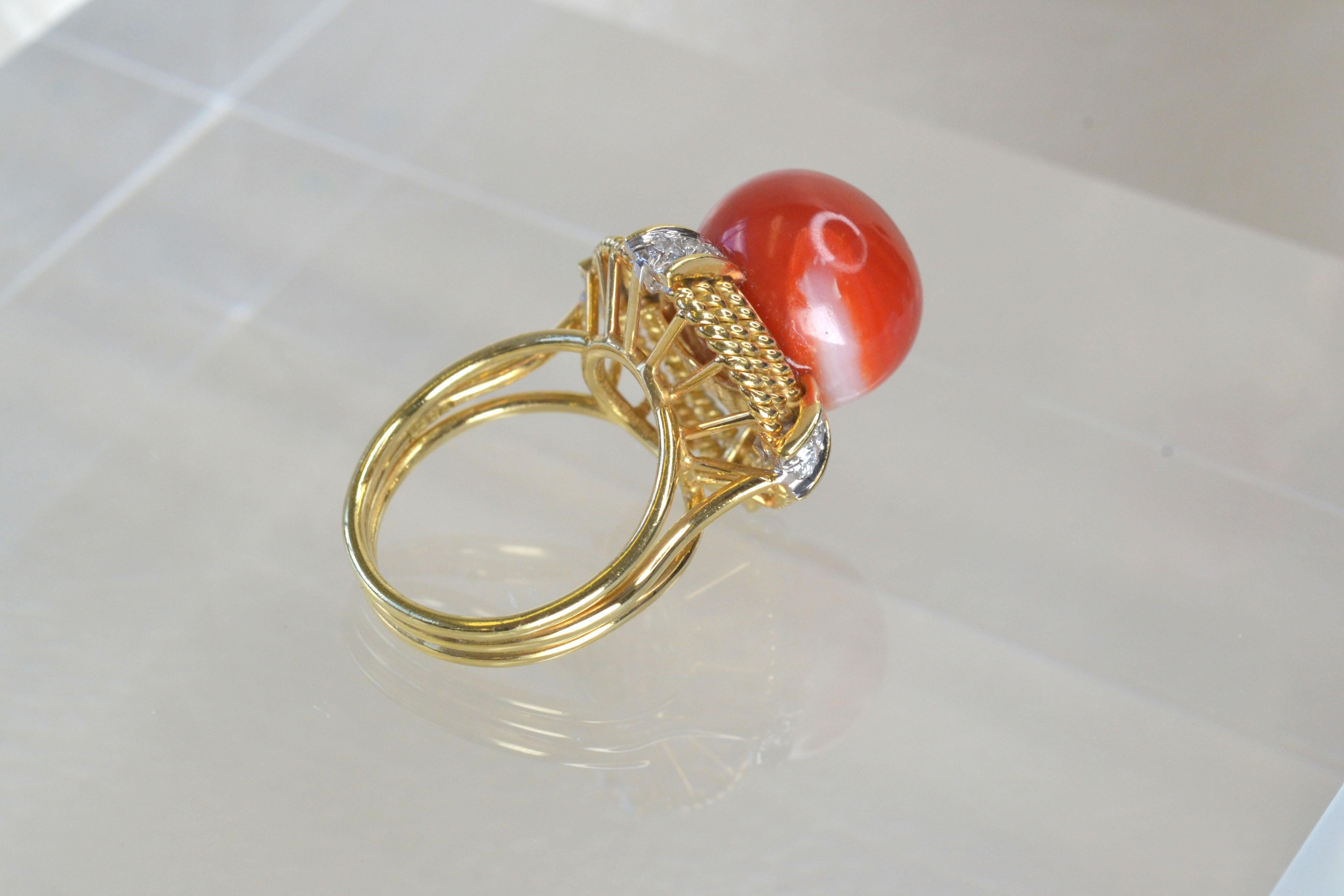 Women's Vintage 14k Gold Coral Sphere Ring with White Diamonds, One-of-a-kind For Sale