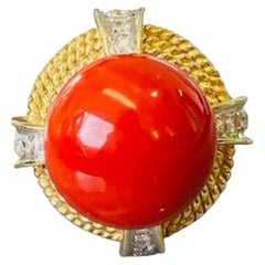 Bague sphère vintage en or 14 carats avec corail et diamants blancs, unique en son genre