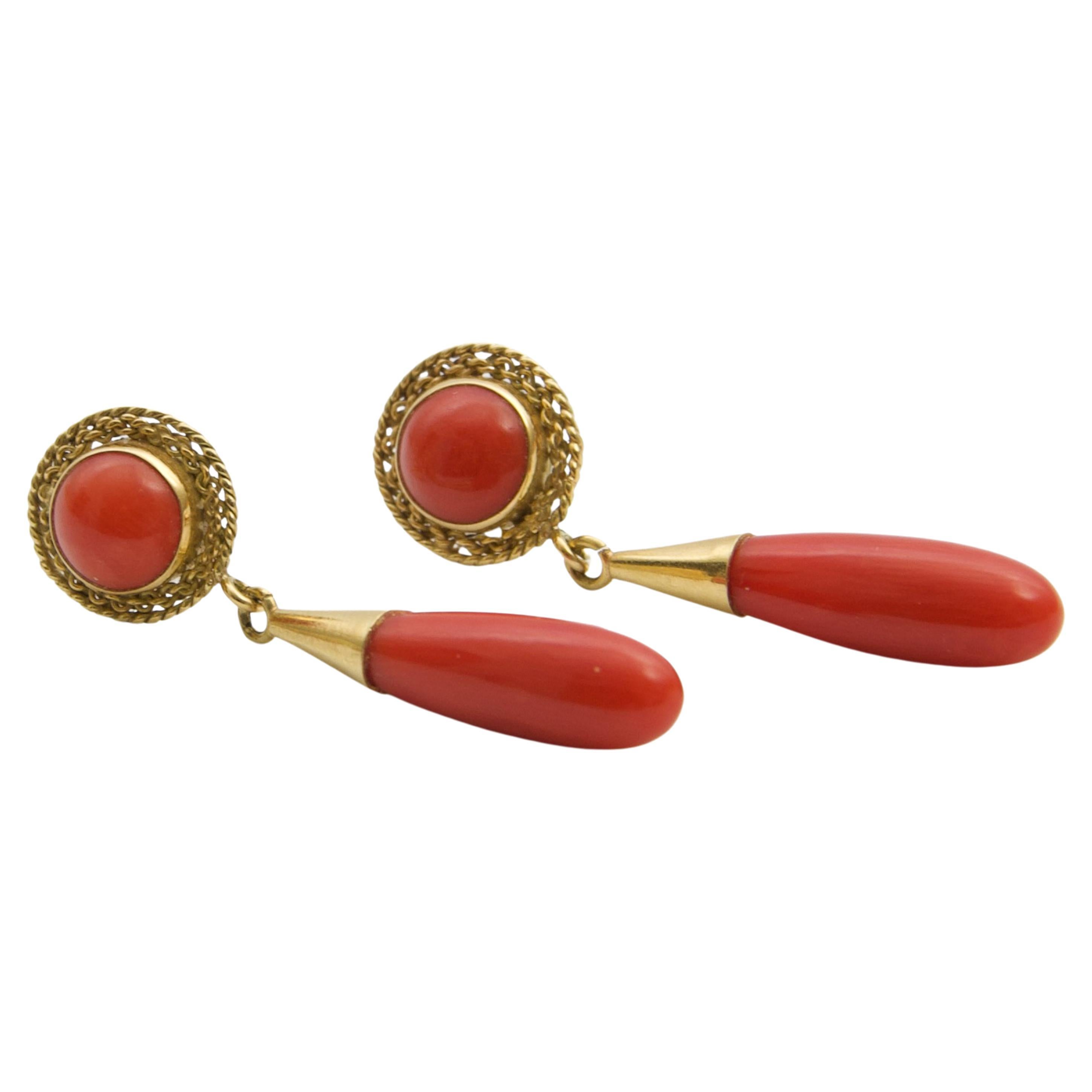 Vintage 14K Gold Coral Torpedo Dangle Earrings