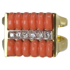 Vintage 14k Gold Coral & White Diamond Ring One-of-a-kind