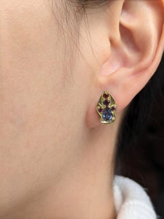 Vintage 14K Gold Cornflower Blue Spinel & Ruby Stud Earrings Gypsy Flush Set