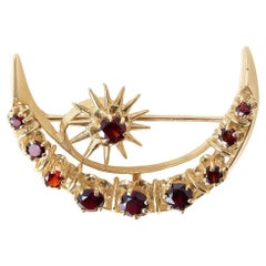 Vintage 14K Gold Crescent Moon and Star Garnet Brooch