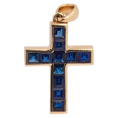 Vintage 14k Gold Cross Pendant with 1.11ct Calibre Cut Sapphires