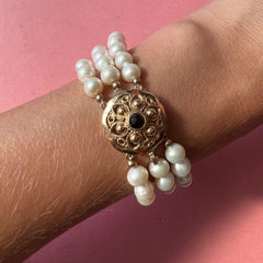 Vintage Mid-20th Century 14K Gold Cultured Pearl Garnet Bracelet