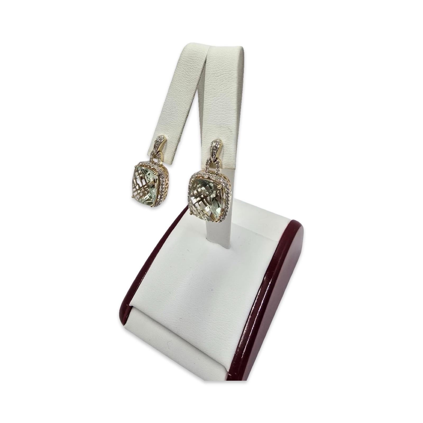 Taglio cuscino Orecchini a cerchio in oro 14 carati con prasiolite verde e diamanti in vendita