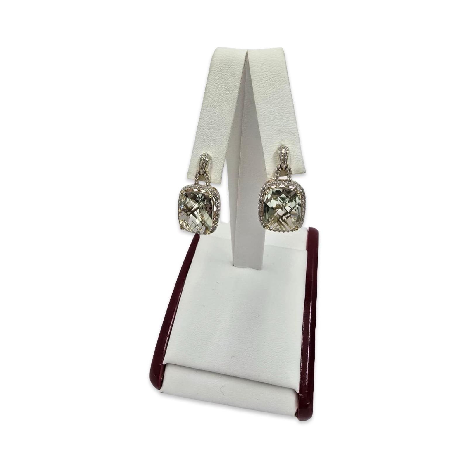 Orecchini a cerchio in oro 14 carati con prasiolite verde e diamanti In condizioni ottime in vendita a Miami, FL