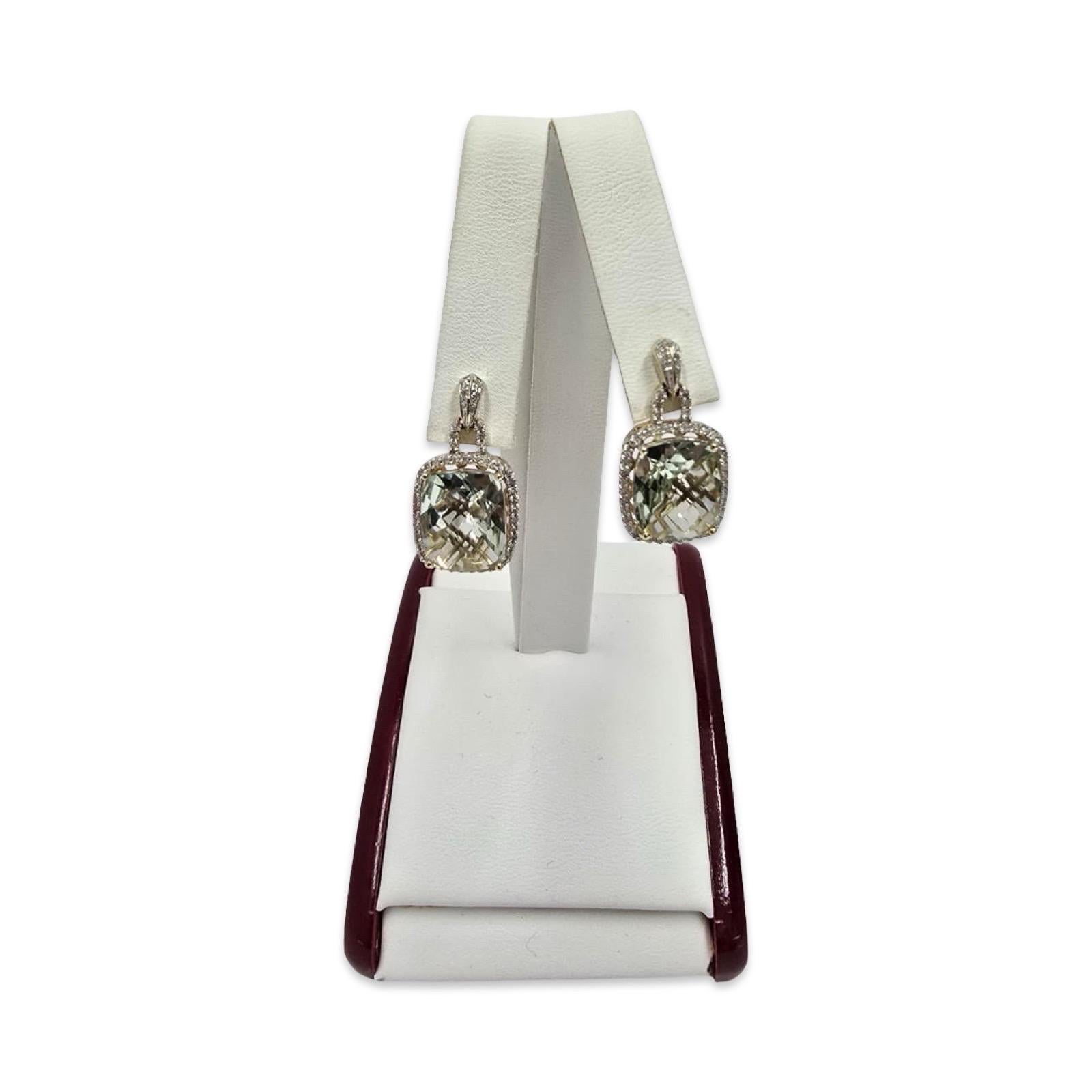 Orecchini a cerchio in oro 14 carati con prasiolite verde e diamanti in vendita 1