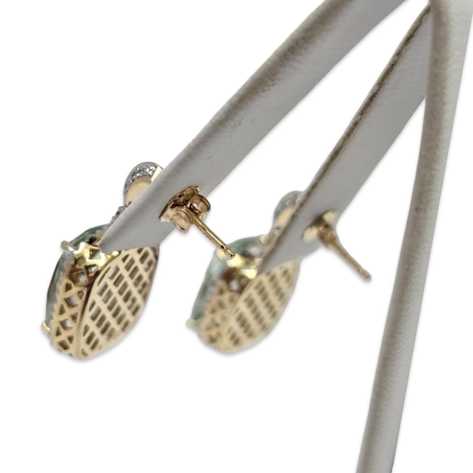 Orecchini a cerchio in oro 14 carati con prasiolite verde e diamanti in vendita 2