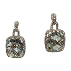 Vintage 14K Gold Cushion Green Prasiolite & Diamond Halo Earrings