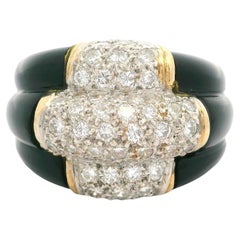 Vintage 14k Gold Custom Inlaid Black Onyx 1ctw Diamond 3 Row Wide Band Ring