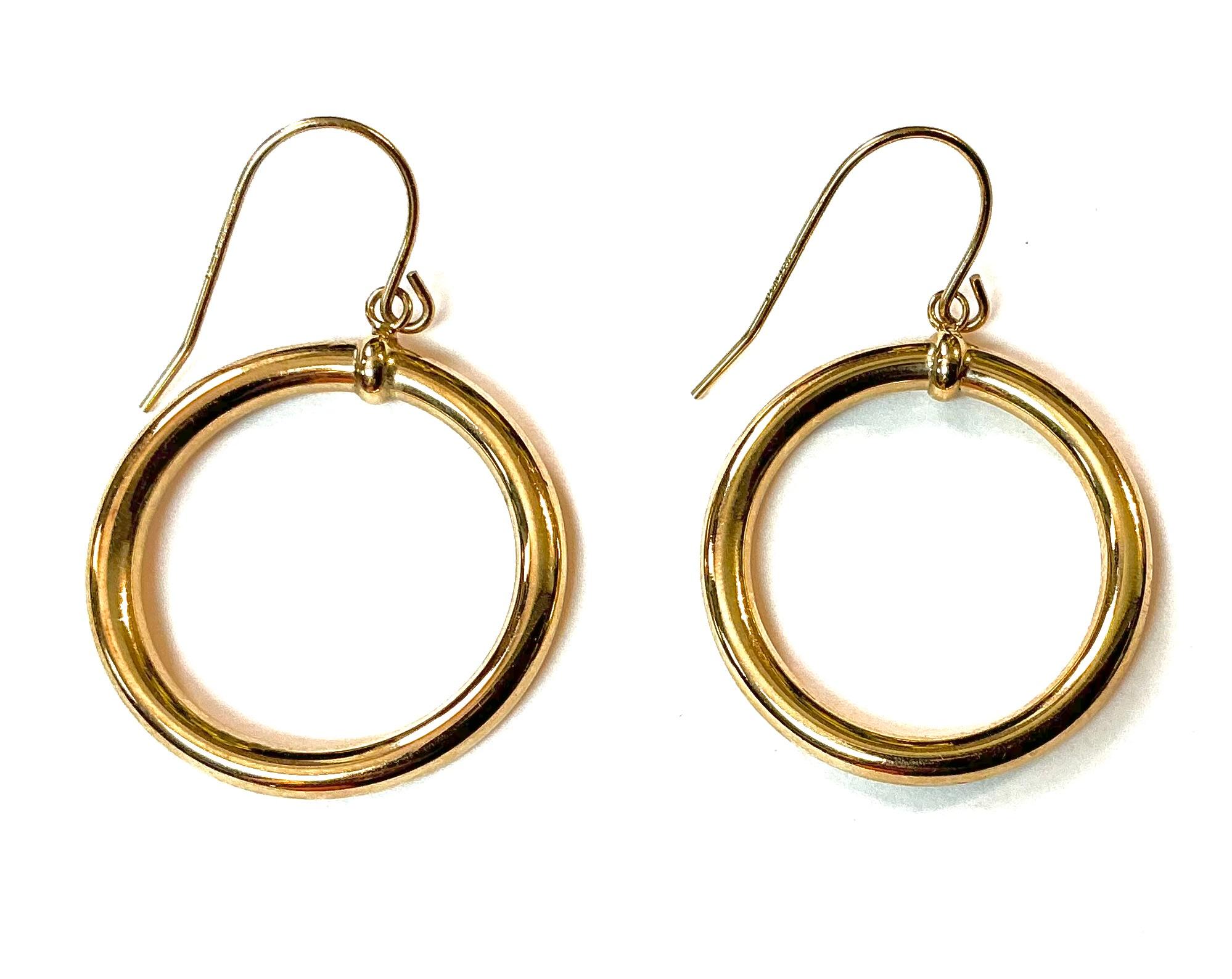 Modern Vintage 14K Gold Dangle Hoop Earrings For Sale