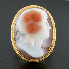 Vintage 14k Gold Detailed Carved Oval Agate Cameo Ring w/ Twisted Wire Frame