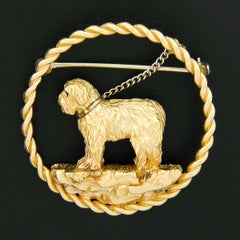 Vintage 14k Gold Detailed Textured Maltese Dog w/ Leash Circle Frame Pin Brooch