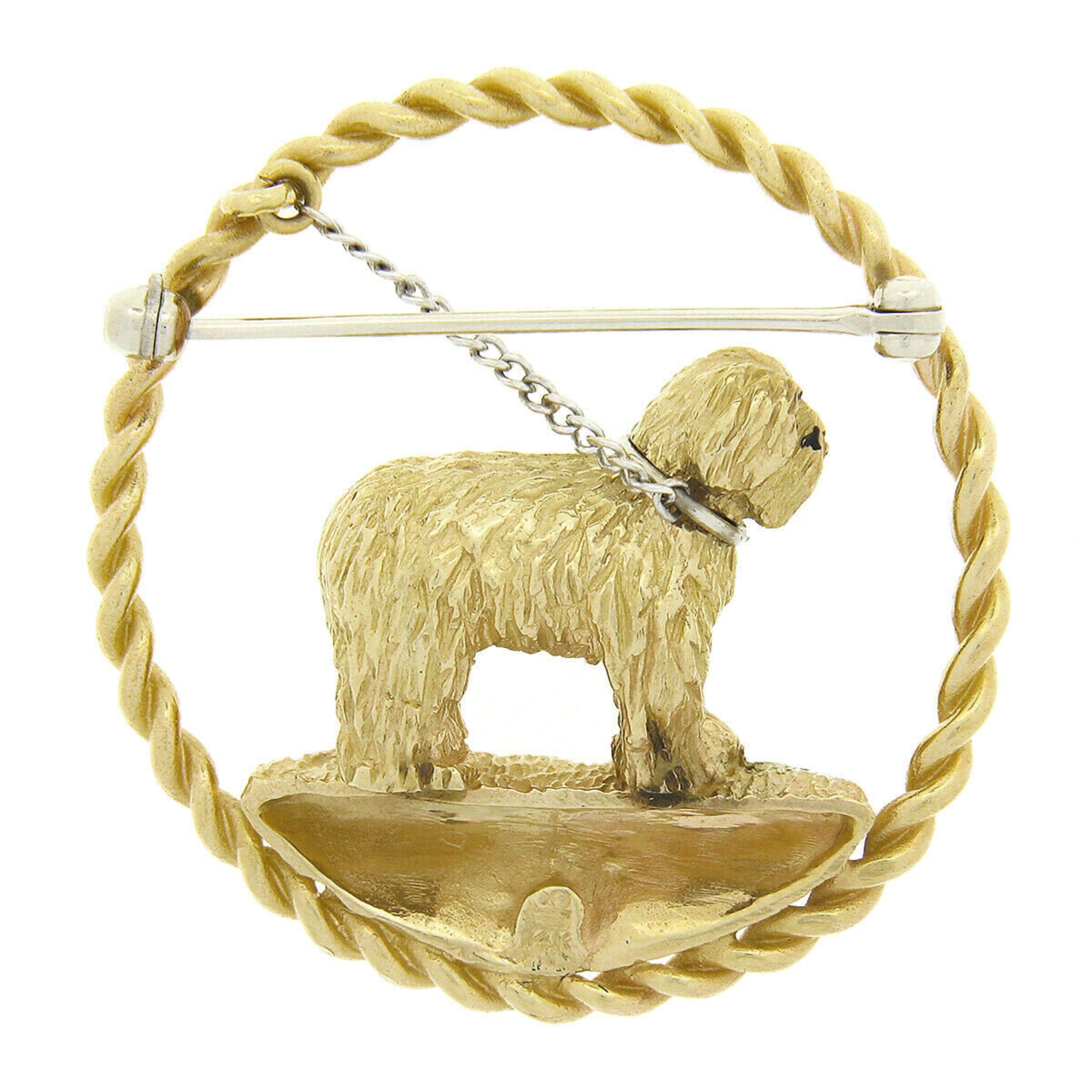 Women's Vintage 14k Gold Detailed Textured Maltese Dog w/ Leash Circle Frame Pin Brooch