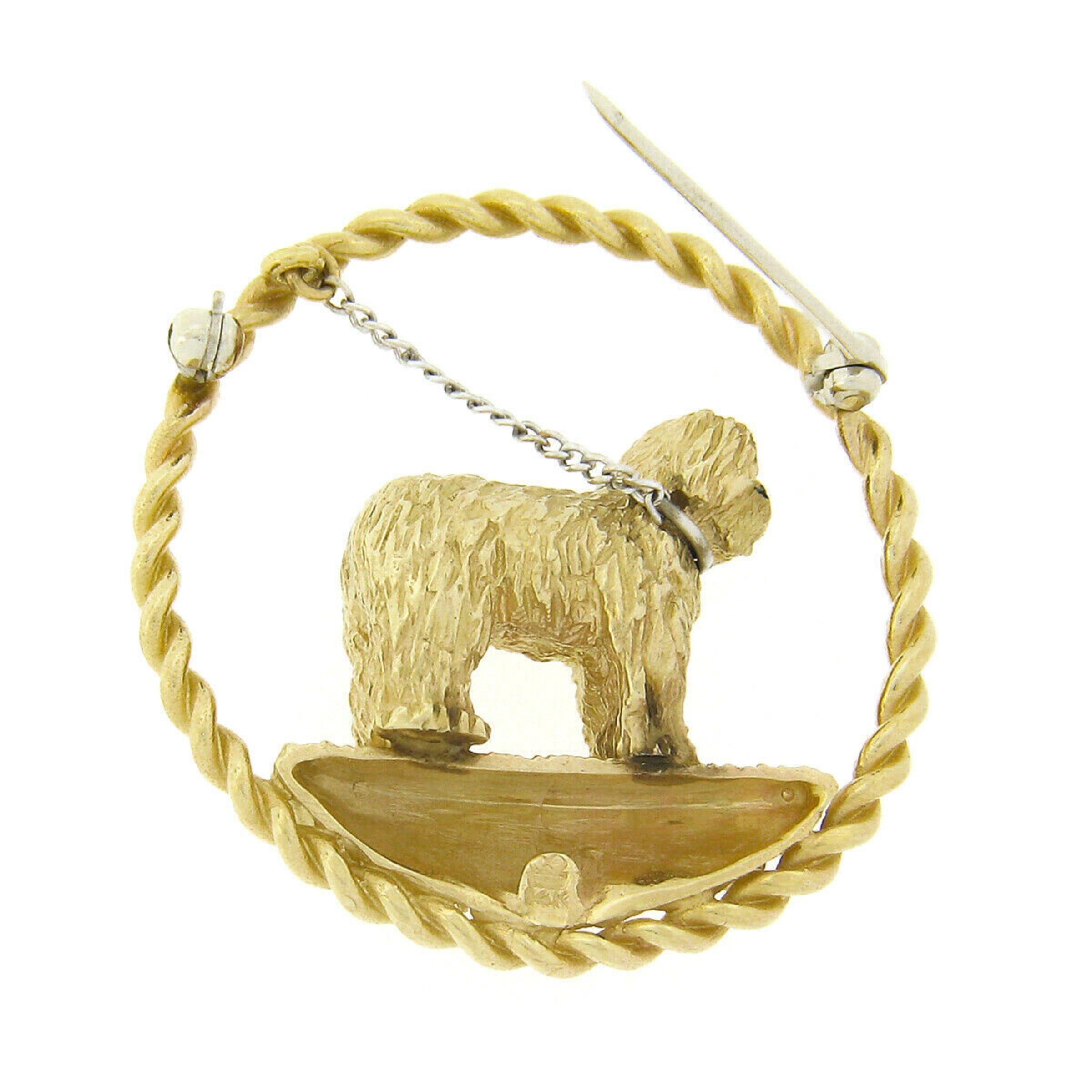 Vintage 14k Gold Detailed Textured Maltese Dog w/ Leash Circle Frame Pin Brooch 1