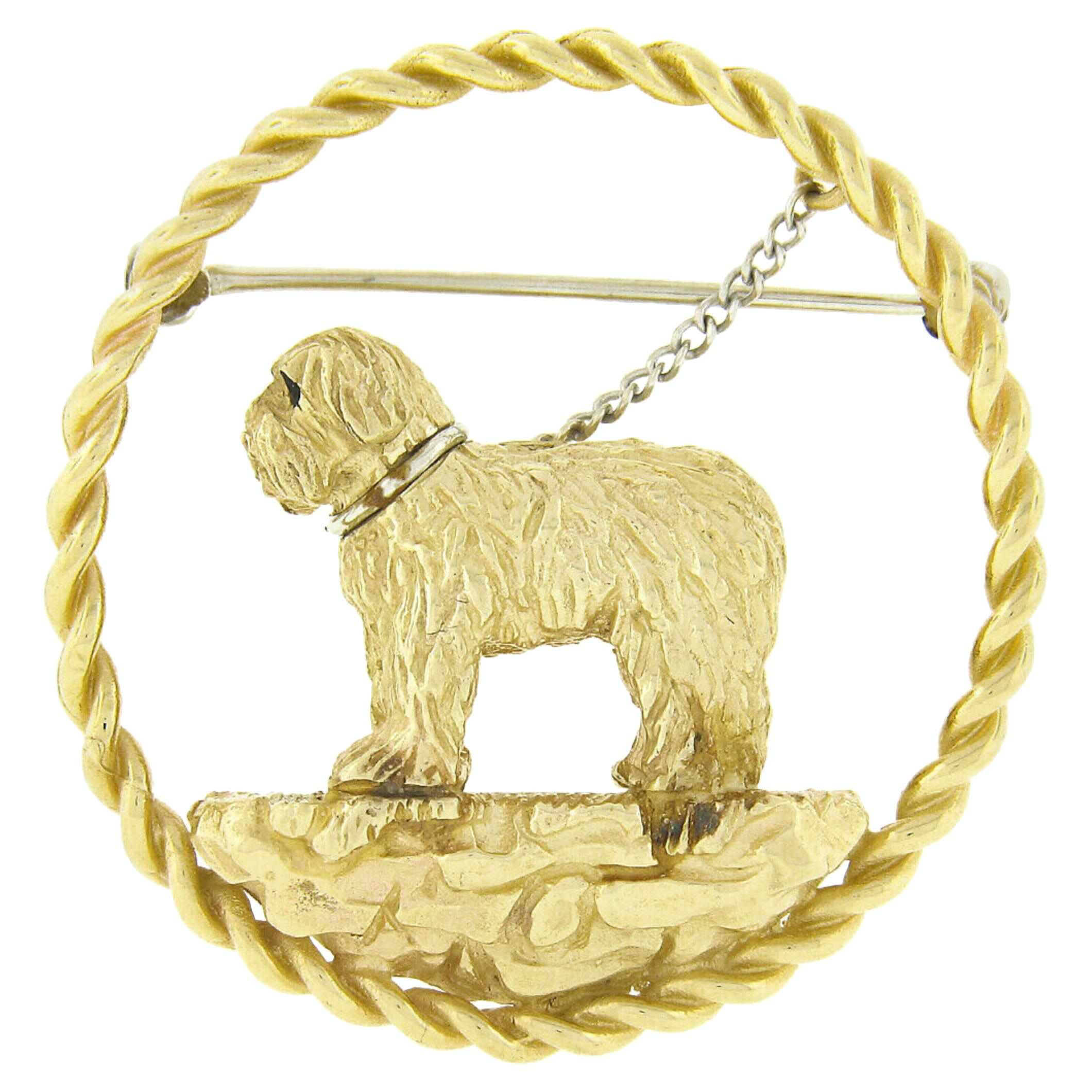 Vintage 14k Gold Detailed Textured Maltese Dog w/ Leash Circle Frame Pin Brooch