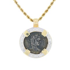 Vintage 14k Gold Diamond Ancient Coin Pendant Necklace