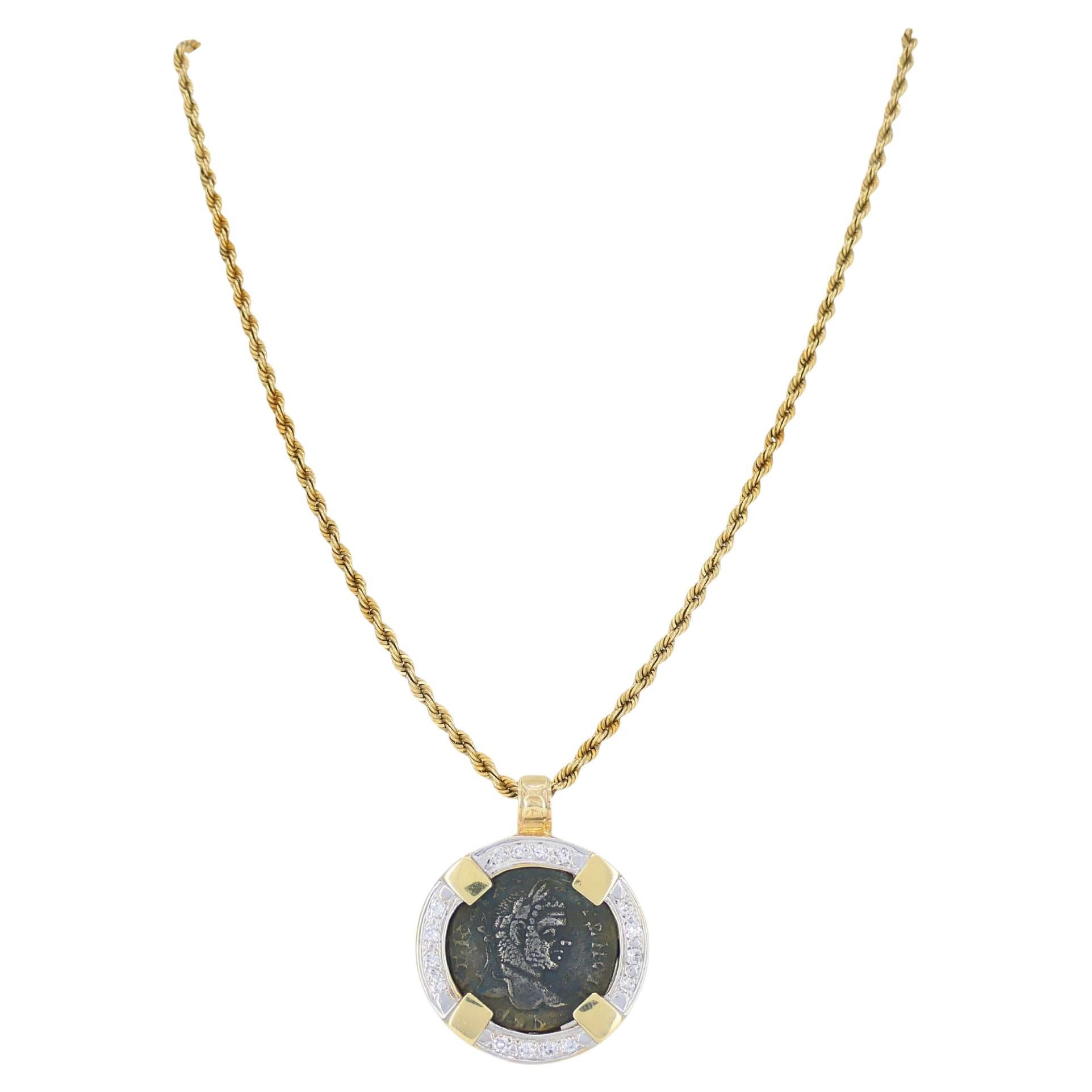 Vintage 14k Gold Diamond Ancient Coin Anhänger Halskette