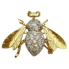 Vintage 14K Gold Diamond and Emerald Bee Pin