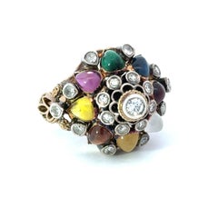 Vintage 14K Gold, Diamond and Multi Gemstone Thai Princess Harem Ring