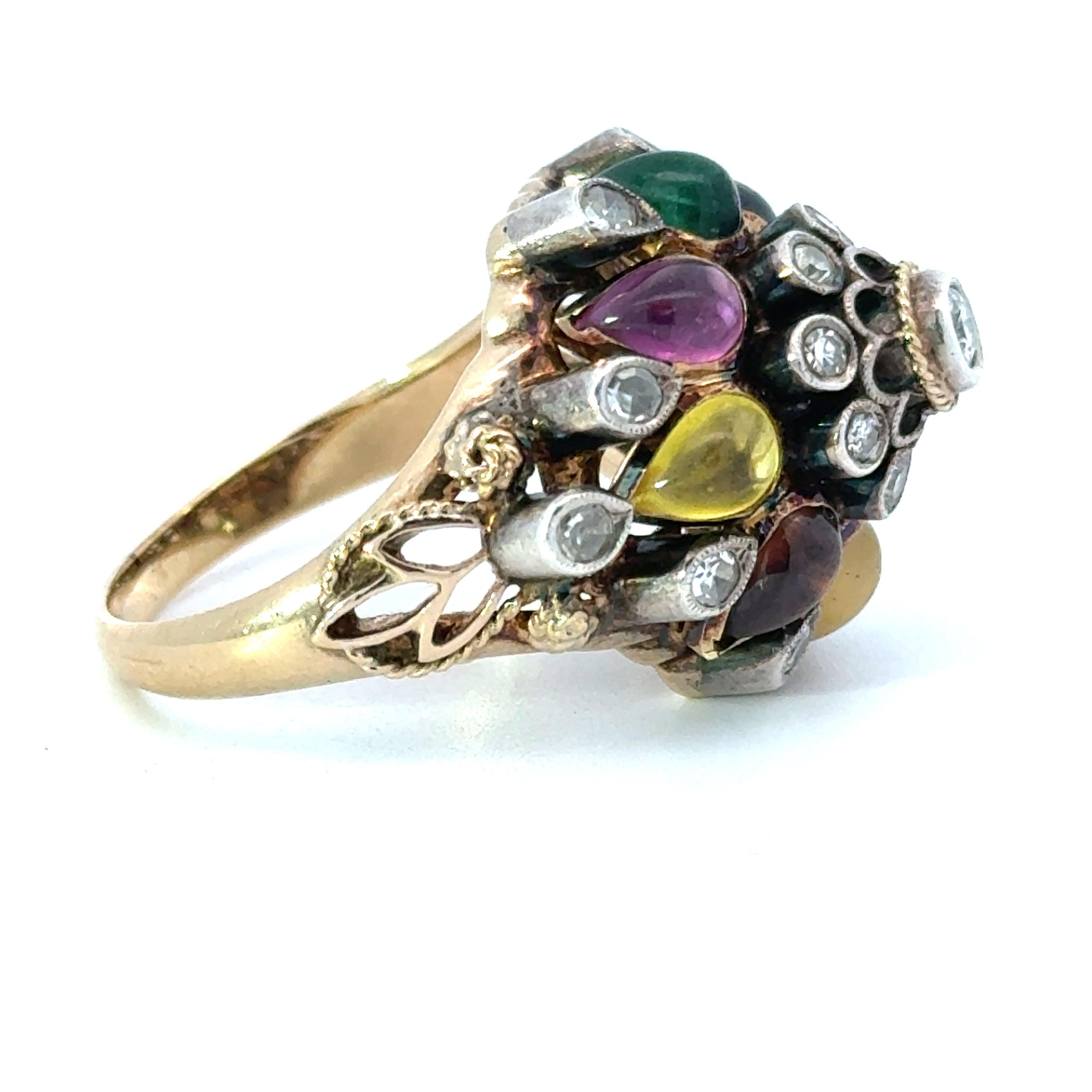 da uomo o donna Anello Harem Principessa Thailandese d'epoca in oro 14K, diamanti e pietre multiple in vendita