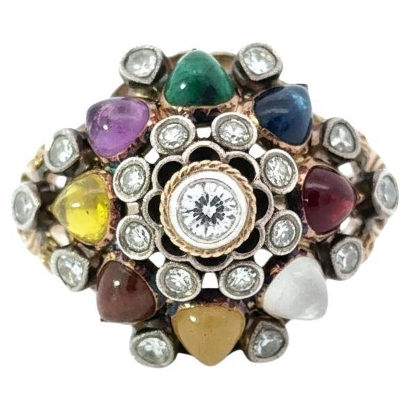 Anello Harem Principessa Thailandese d'epoca in oro 14K, diamanti e pietre multiple in vendita