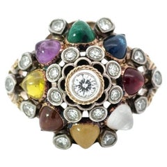 Vintage 14K Gold, Diamond and Multi Gemstone Thai Princess Harem Ring