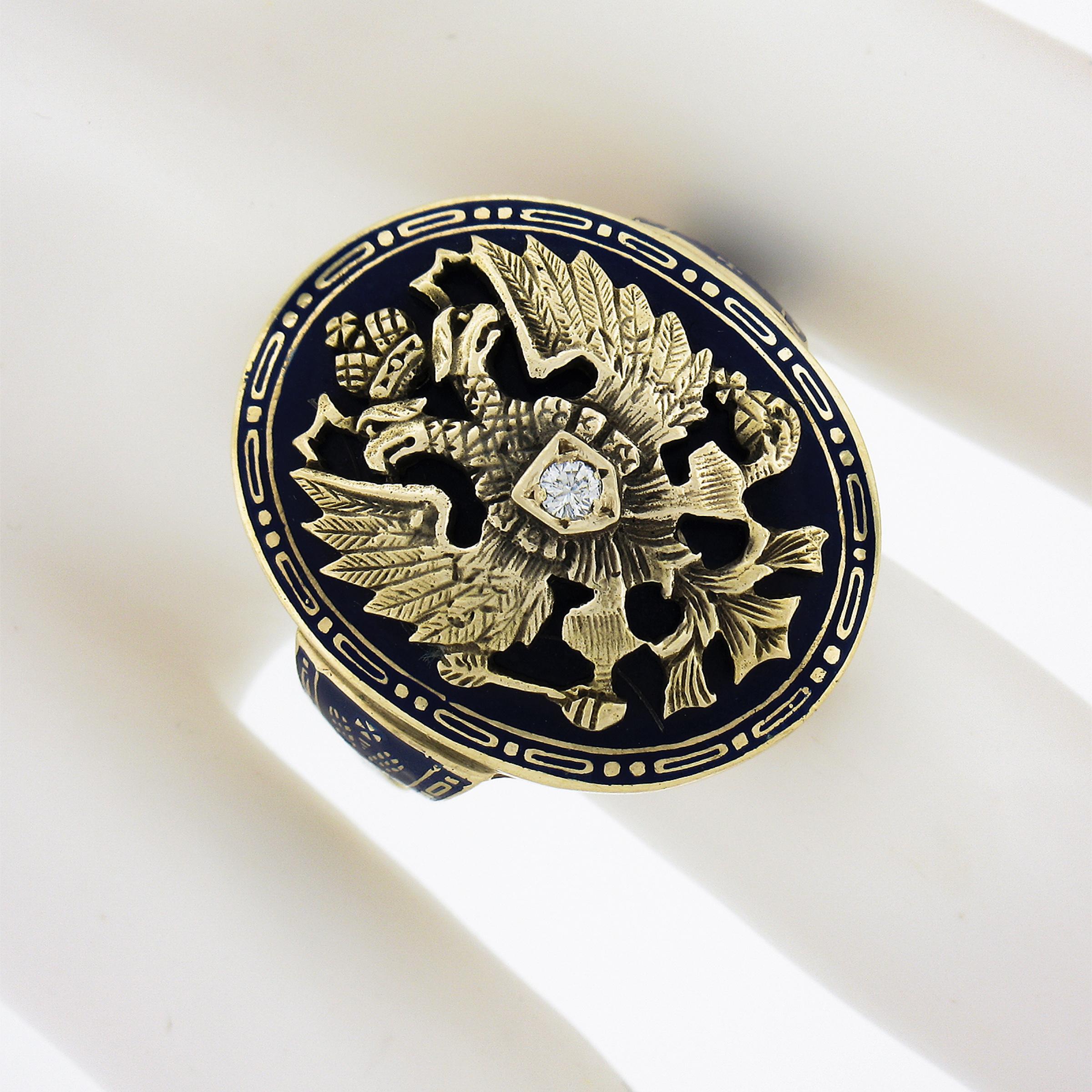 Round Cut Vintage 14K Gold Diamond Blue Enamel Imperial Eagle Russian Style Cocktail Ring For Sale