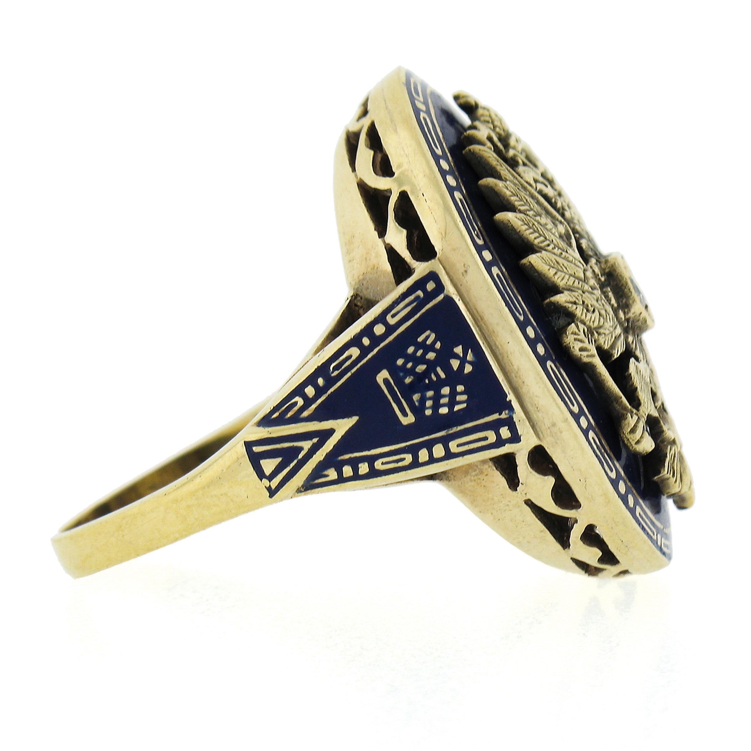 Vintage 14K Gold Diamond Blue Enamel Imperial Eagle Russian Style Cocktail Ring In Excellent Condition For Sale In Montclair, NJ