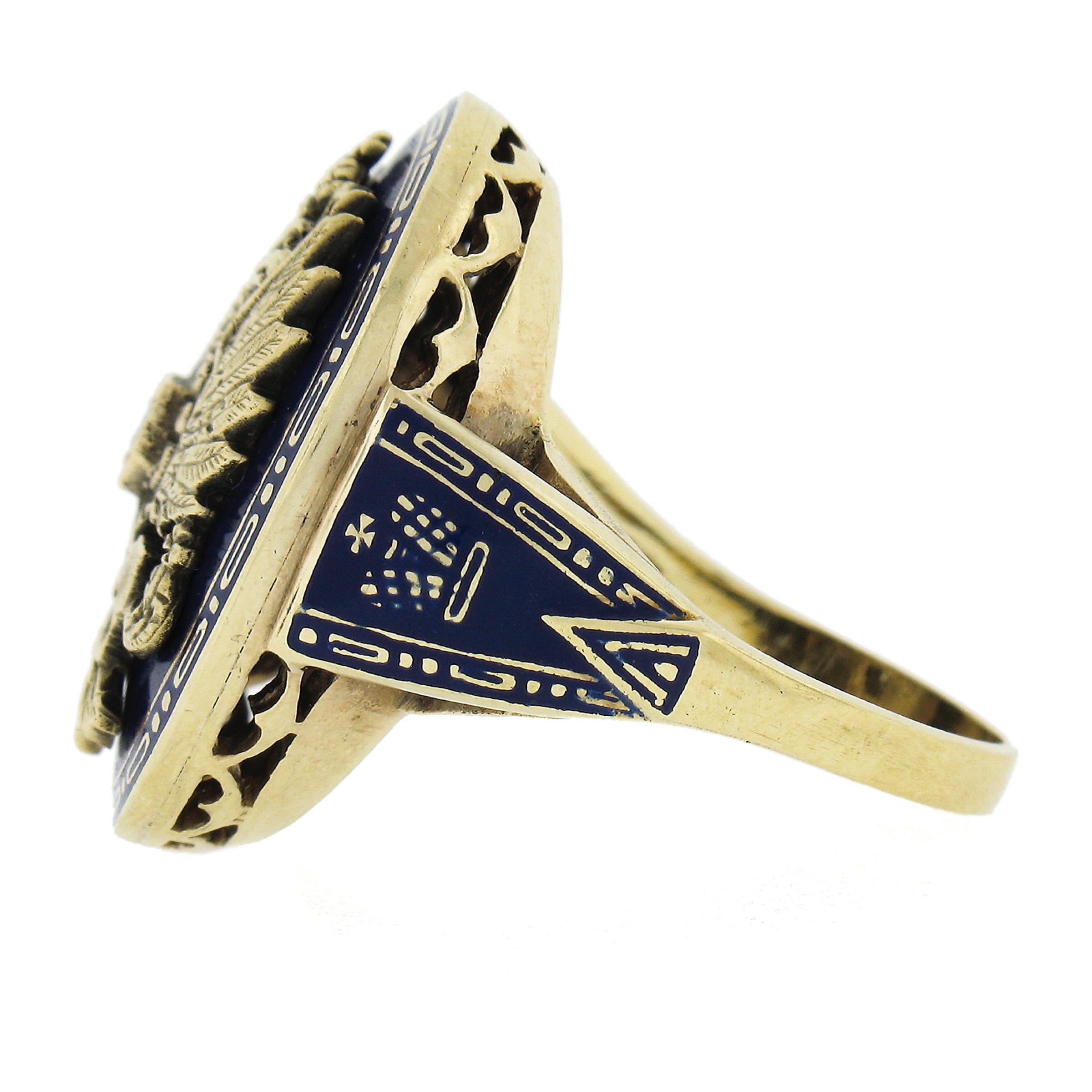 Women's or Men's Vintage 14K Gold Diamond Blue Enamel Imperial Eagle Russian Style Cocktail Ring For Sale