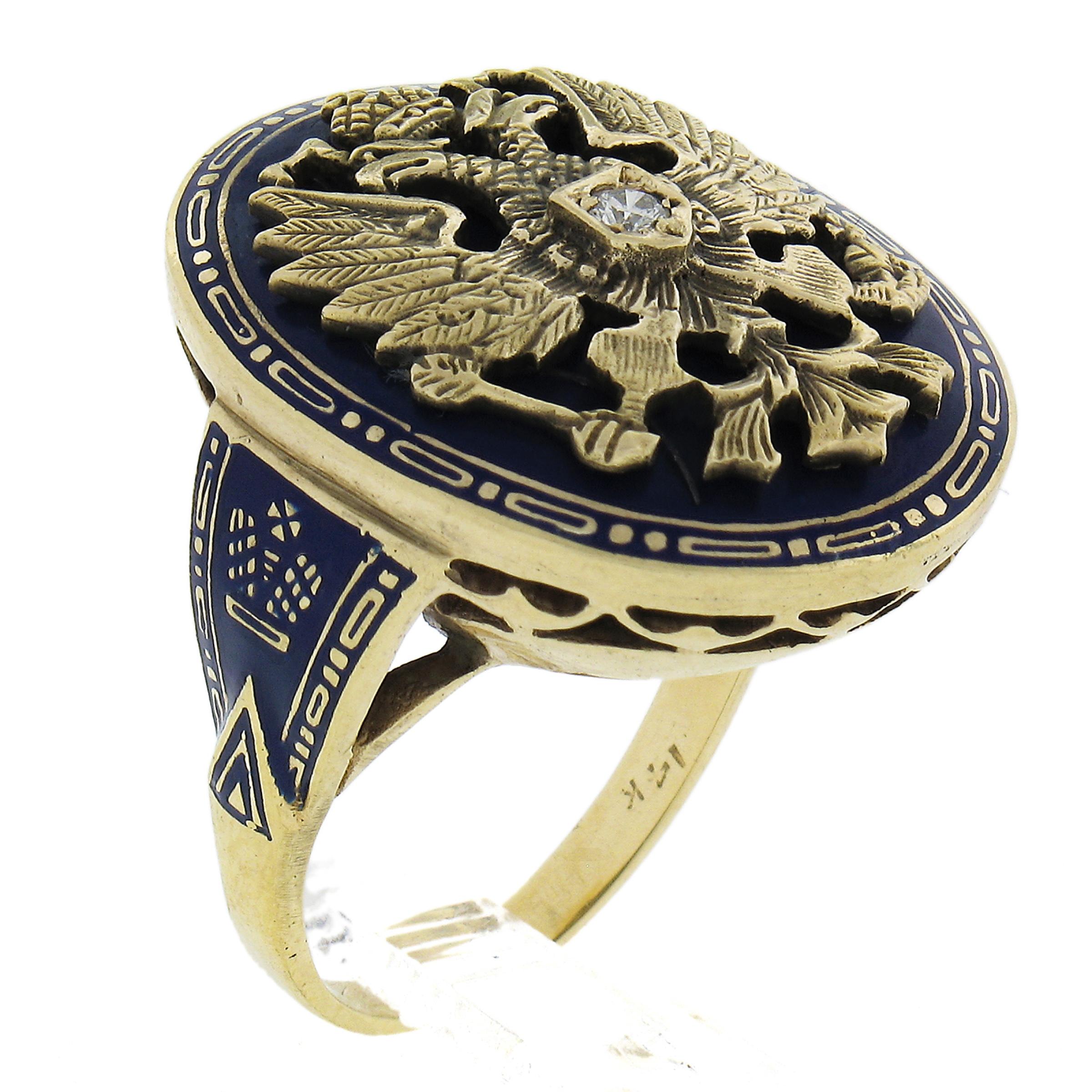 Vintage 14K Gold Diamond Blue Enamel Imperial Eagle Russian Style Cocktail Ring For Sale 2