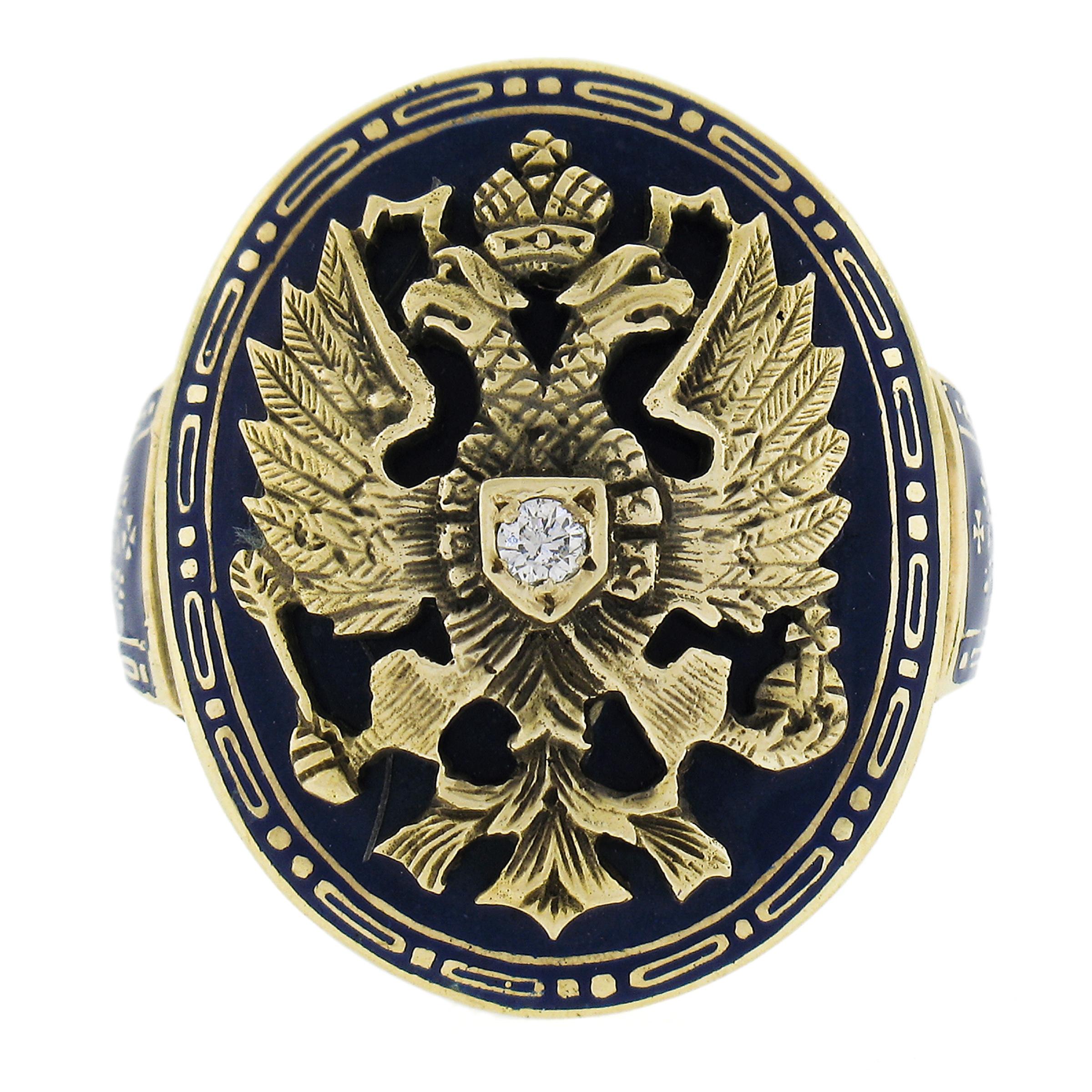 Vintage 14K Gold Diamond Blue Enamel Imperial Eagle Russian Style Cocktail Ring For Sale