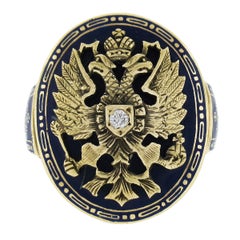 Bague cocktail vintage de style russe en or 14 carats, diamant, émail bleu et aigle impérial